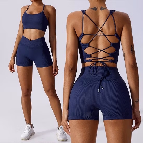 Vendita all'ingrosso OEM/ODM donna 2 pezzi leggings + reggiseno abbigliamento abbigliamento costola yoga set palestra allenamento fitness set sportivi attivi